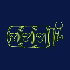 Yellow icon of a slot machine on blue background