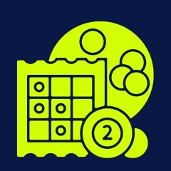 Keno in lime green against a blue background.