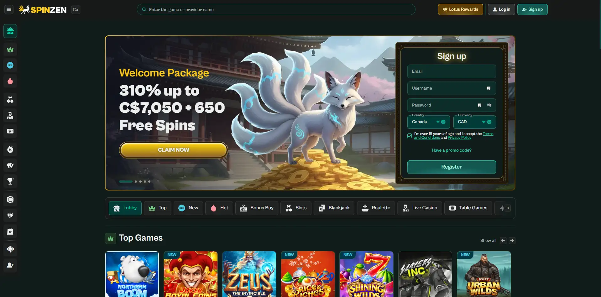 Spinzen Casino homepage