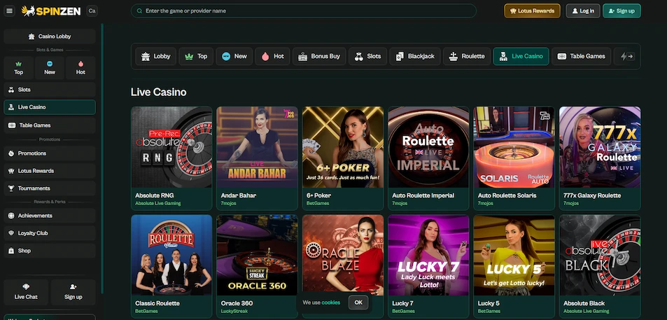 Spinzen Casino live games page