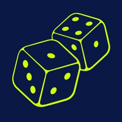 Yellow icon of dices on blue background