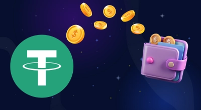 Tether icon and a wallet, coins in between.