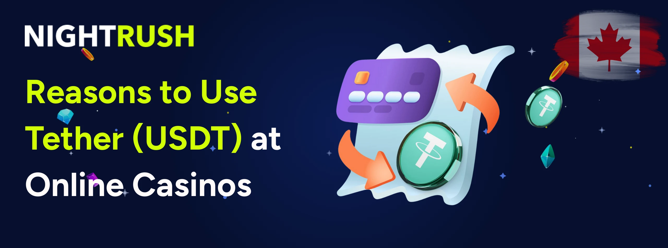 Reasons to Use Tether (USDT) at Online Casinos on blue, Tether and card icon.