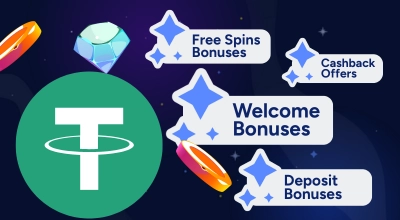 Infographic showing popular casino bonuses, Tether icon.