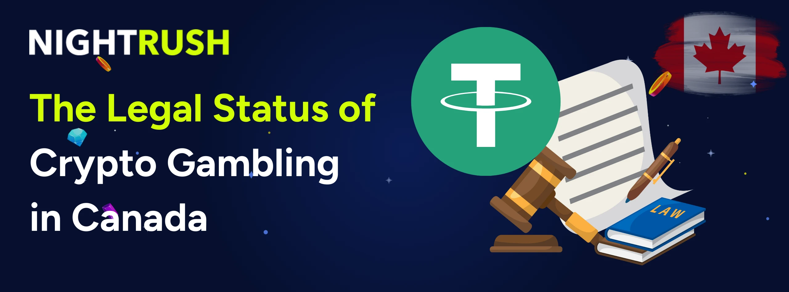 The Legal Status of Crypto Gambling in Canada text on blue, law related icons and Tether logo.