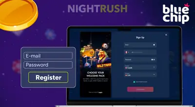 Bluechip Casino on a laptop with a register button and a coin against a starry background.