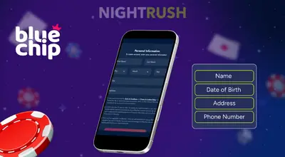 Bluechip Casino on a phone with a personal details button and a chip against a starry background.