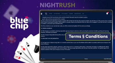 Bluechip Casino on a laptop with a terms button and cards against a starry background.