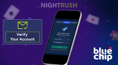 Bluechip Casino on a phone with a verify button against a starry background.