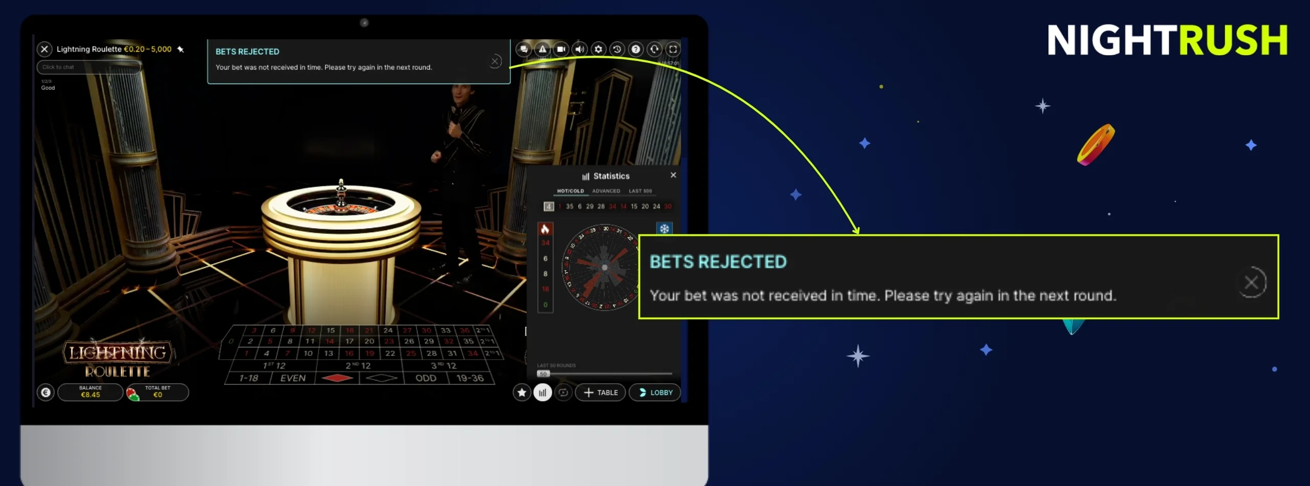 A screenshot from Nightrush audit showing how bets can be rejected.