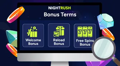 Bonuses and terms on a screen with casino icons against a dark background.