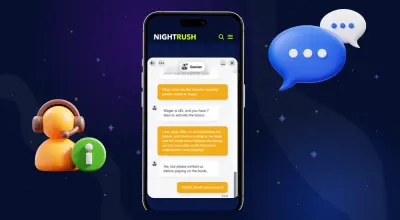 A live chat convo on a phone with customer support icons against a dark background.