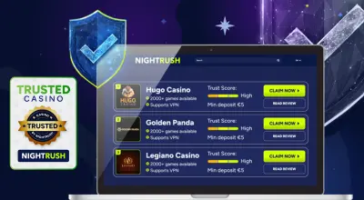 Trusted casino badge with casino list on a laptop against a dark background.