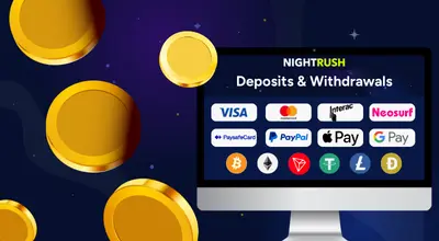 Payment methods on a screen with several coins against a dark background.