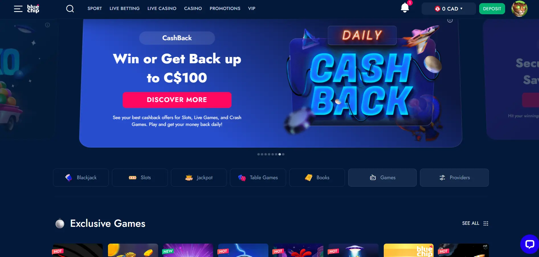 Bluechip Casino's main page with the cashback banner and filters against a blue background.