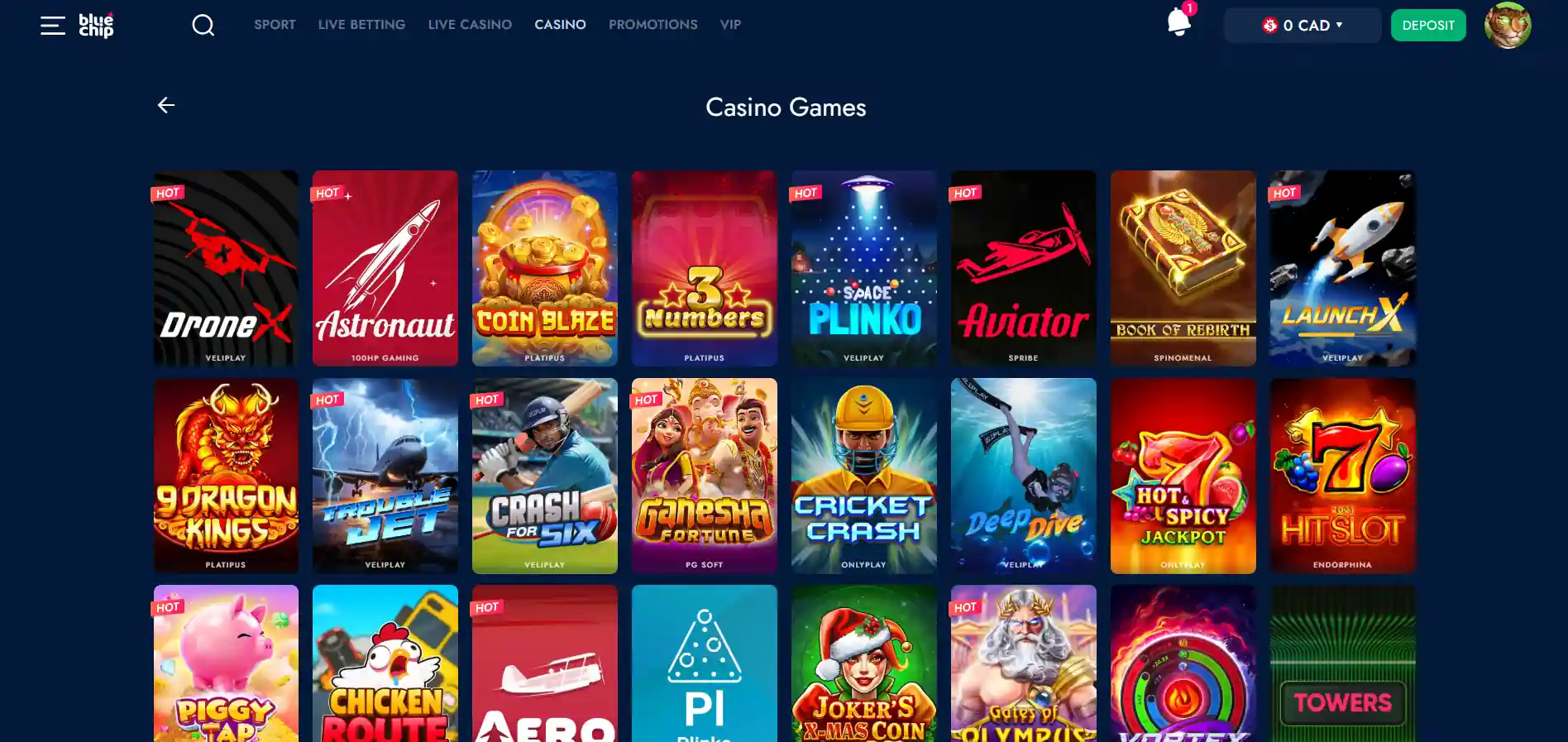 Bluechip Casino's games with selected titles against a blue background.