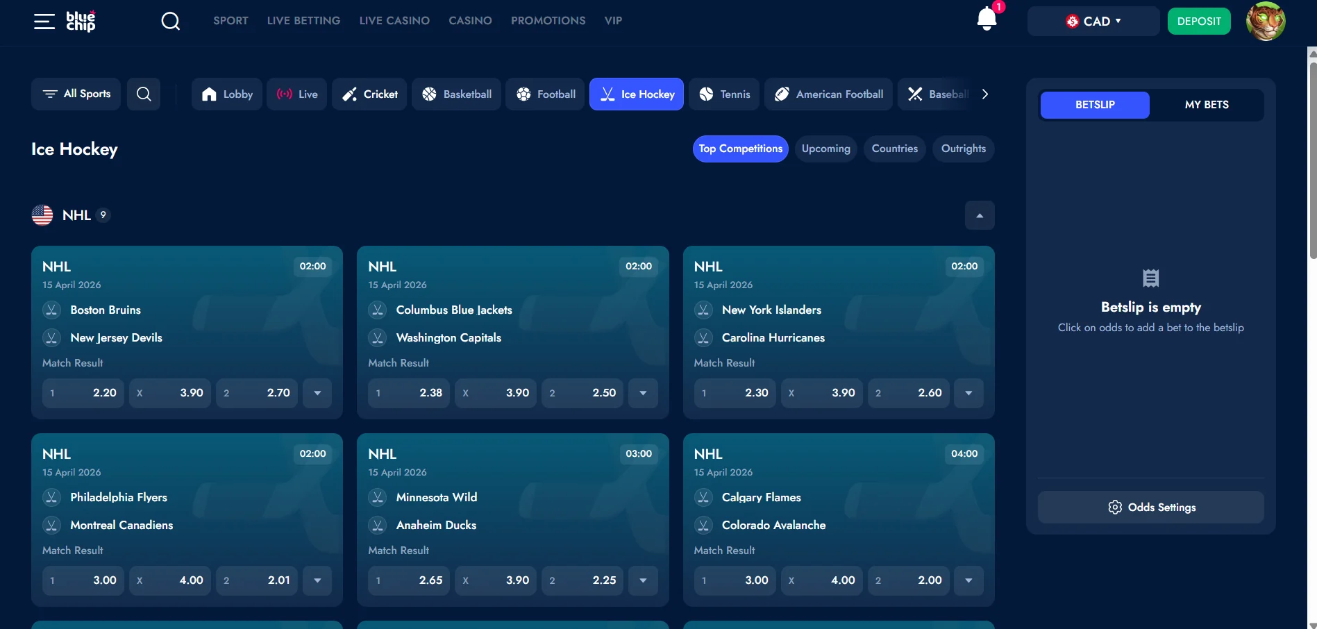 Bluechip Casino's sports betting with selected ice hockey markets against a blue background.