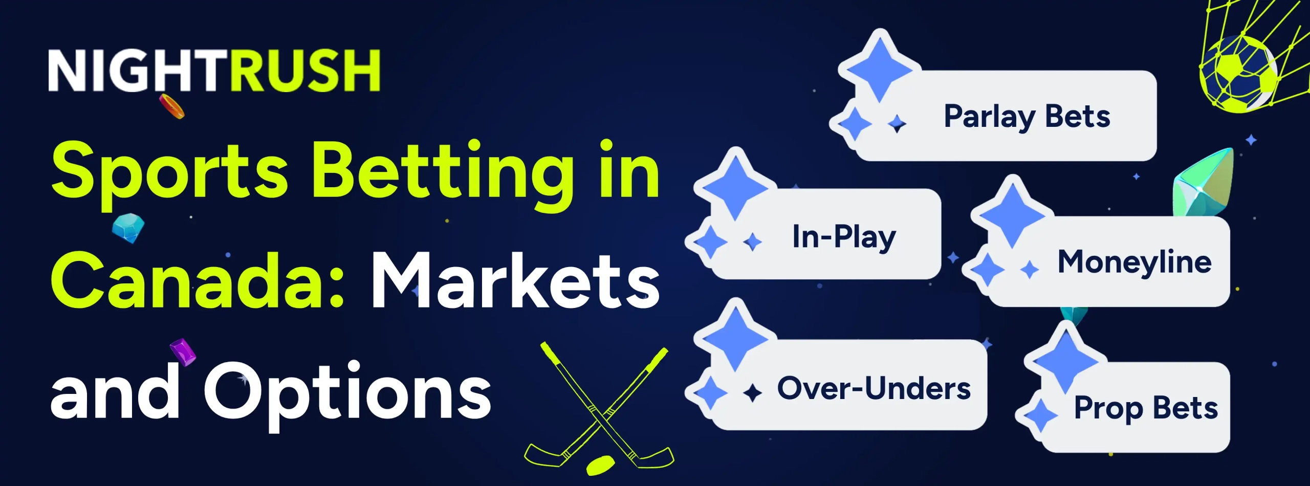 Nightrush banner on sports betting in Canada with bet types and hockey and soccer icons.