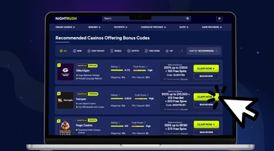 A laptop displays a website titled The Best Online Casinos 2025 showcasing two casino listings.