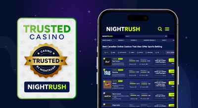 A phone showing sportsbooks with a trusted casino badge against a starry background.
