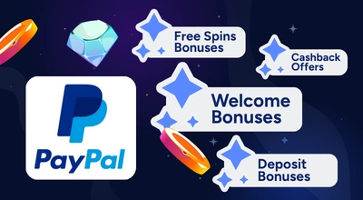 Online casino bonuses with a PayPal logo against a blue background.
