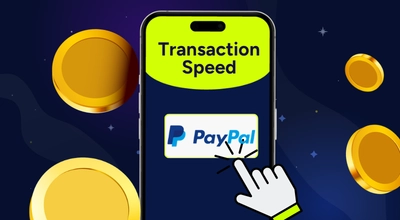 Transaction speed on a phone with a PayPal logo and coins against a blue background.