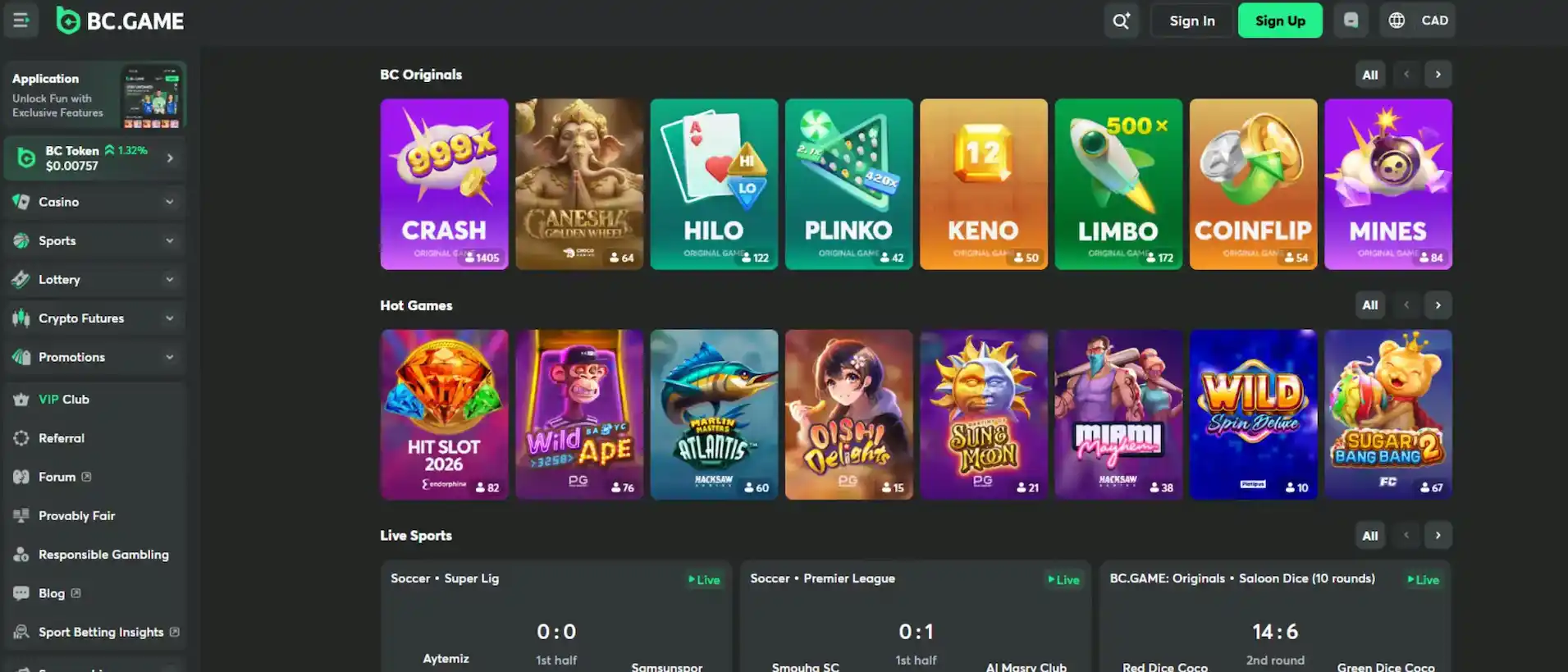Screenshot of BC.Game homepage