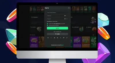 Laptop shows BC.Game registration form.