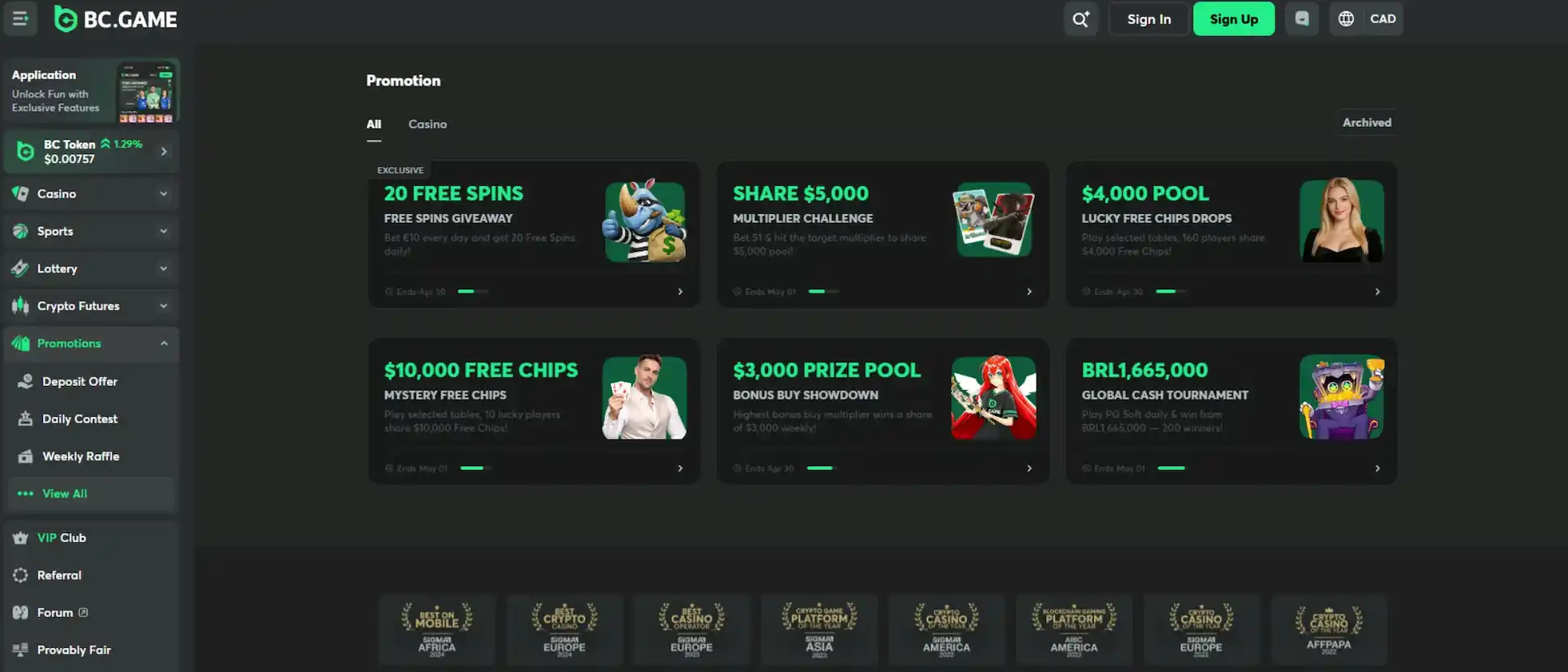 Screenshot of BC.Game promotions page