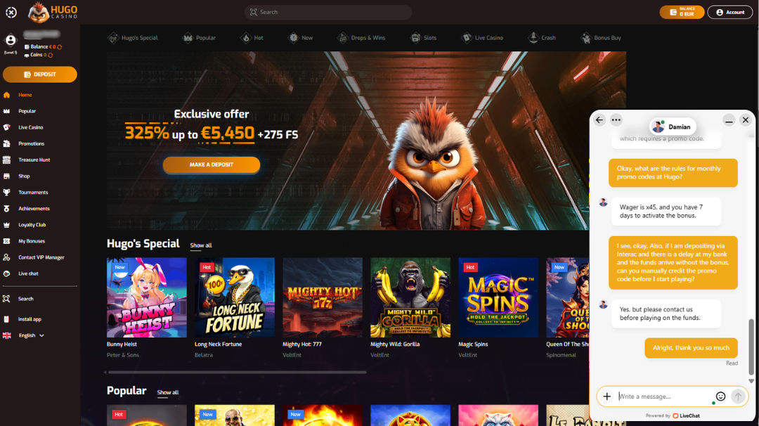 Live chat conversation about promo codes on Spinrise Casino's main page.