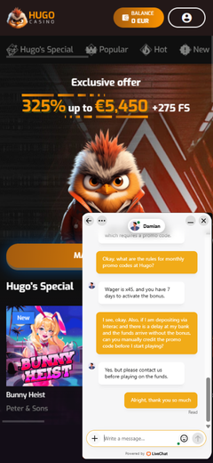 Live chat conversation about promo codes on Hugo Casino's main page.