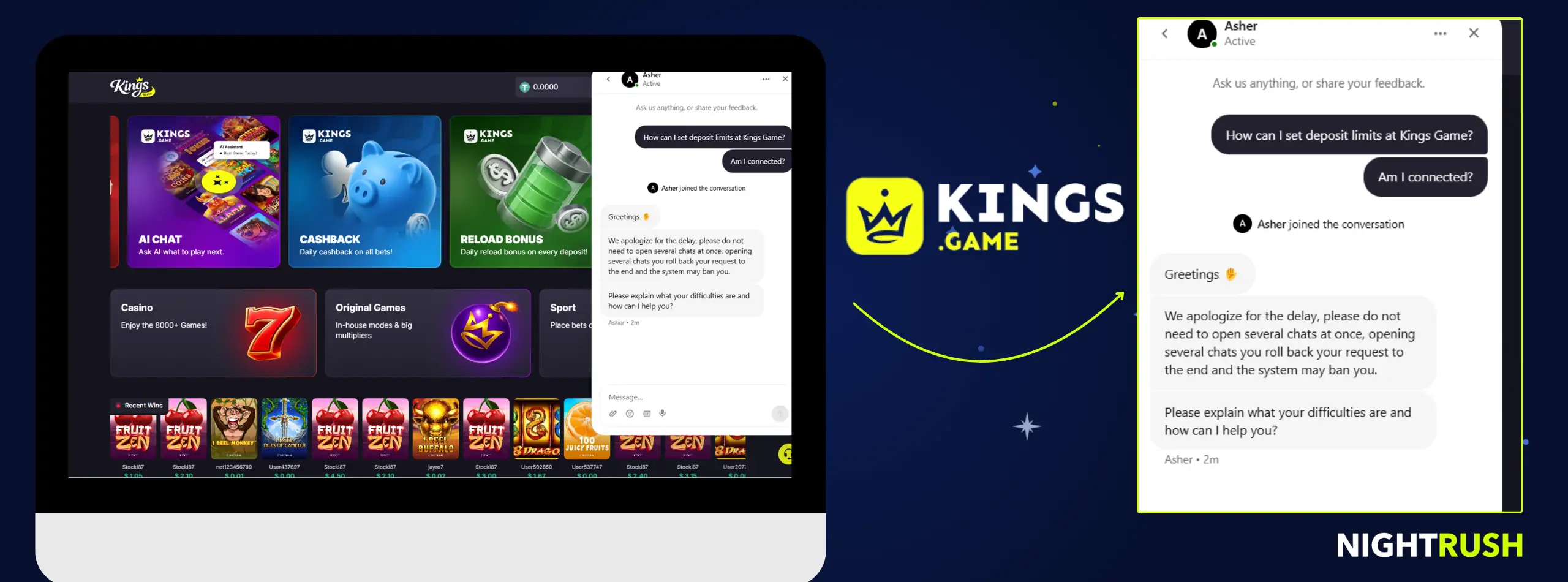 Kings Game Casino live chat conversation