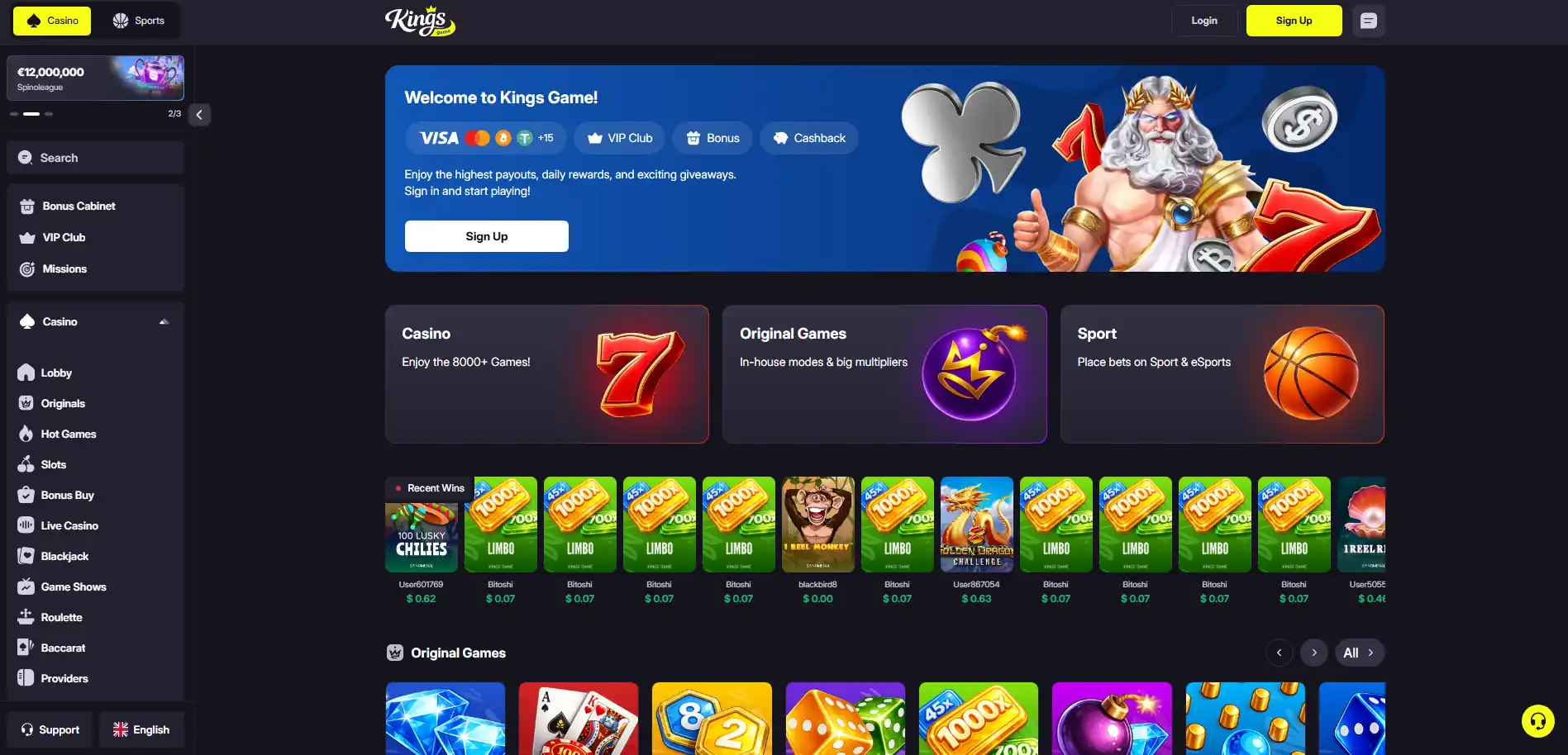 Kings Game Casino homepage