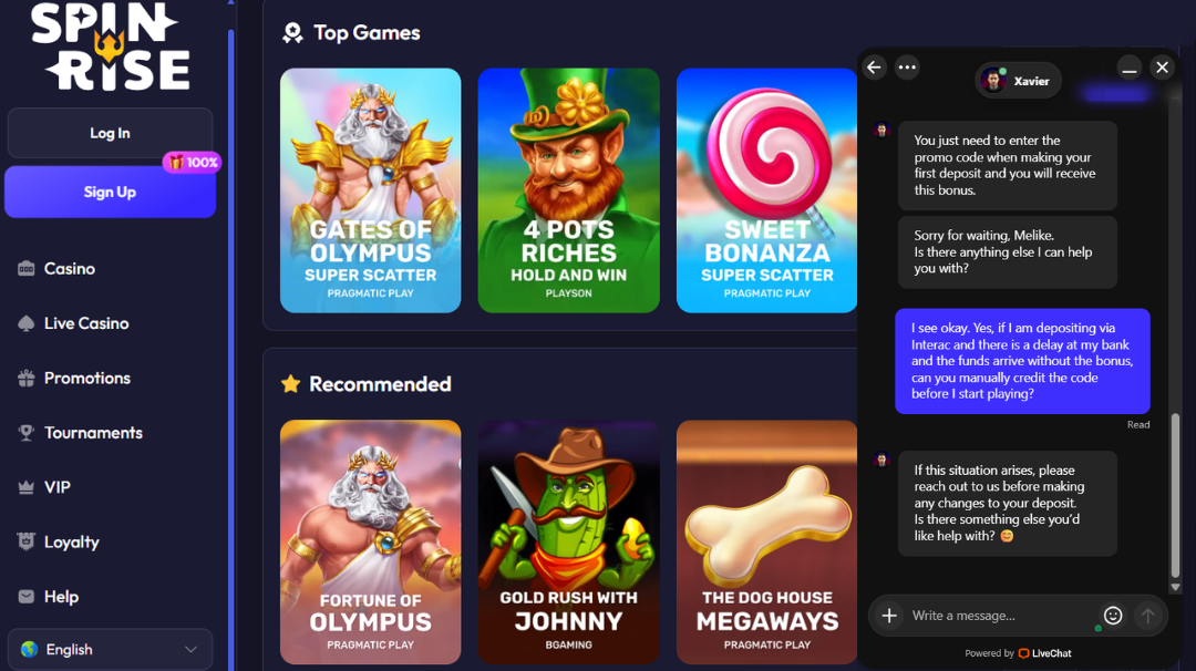 Live chat conversation about promo codes on Spinrise Casino's main page.