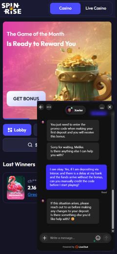 Live chat conversation about promo codes on Spinrise Casino's main page.