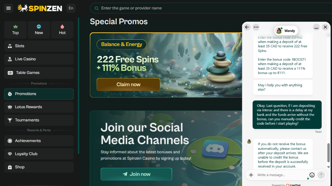 Live chat conversation about promo codes on Spinzen Casino's promo page.