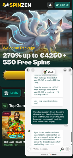Live chat conversation about promo codes on Spinzen Casino's promo page.
