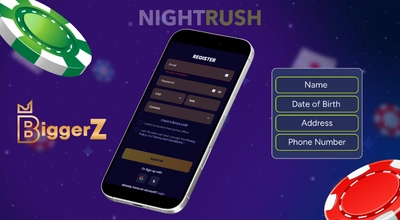Registration details of BiggerZ casino on a phone with casino items floating around.