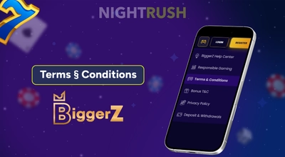 Terms of BiggerZ casino on a phone with casino items floating around.