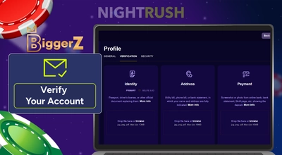 Verification process of BiggerZ casino on a laptop with casino items floating around.