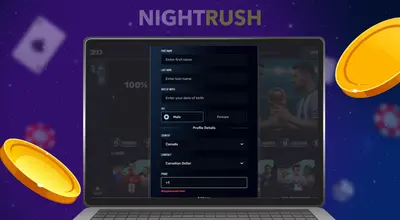 Laptop displaying a profile details registration form with floating gold coins.