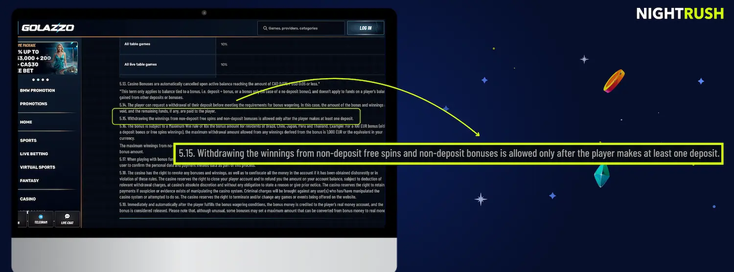 Laptop screen highlighting bonus terms and conditions text regarding non-deposit free spins.