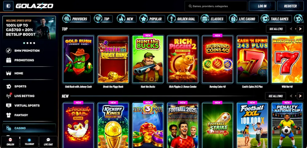 Golazzo Casino game selection.