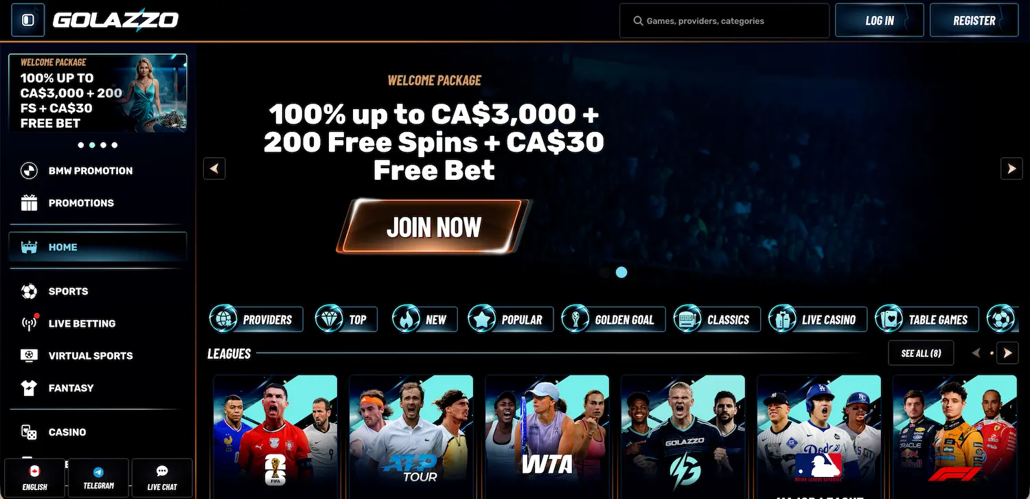 Golazzo Casino homepage.