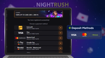 Laptop interface displaying available deposit payment methods.