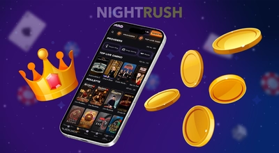 Smartphone displaying a live casino game selection menu under a NightRush banner.
