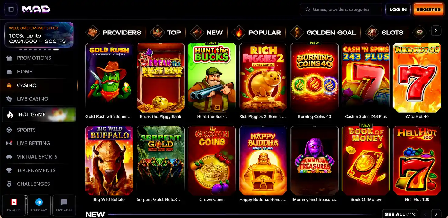 MadCasino game selection.