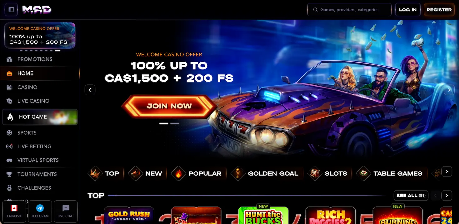 MadCasino homepage.