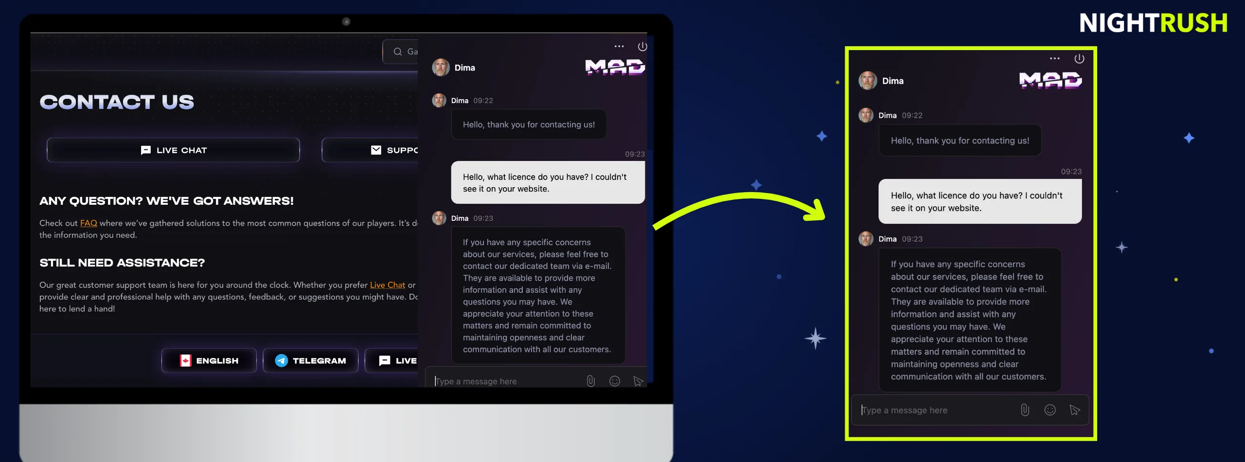 Live chat with MadCasino
