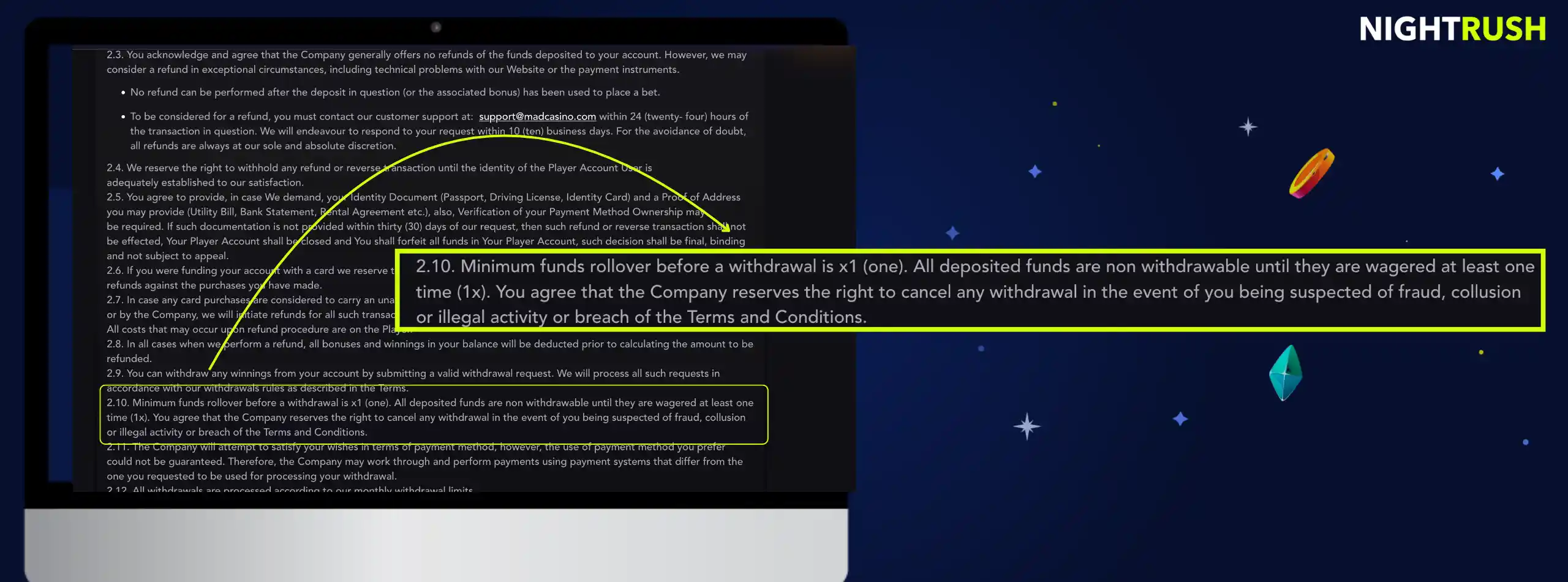 Laptop screen displaying the MadCasino terms and conditions with an highlighted withdrawal rollover rule.